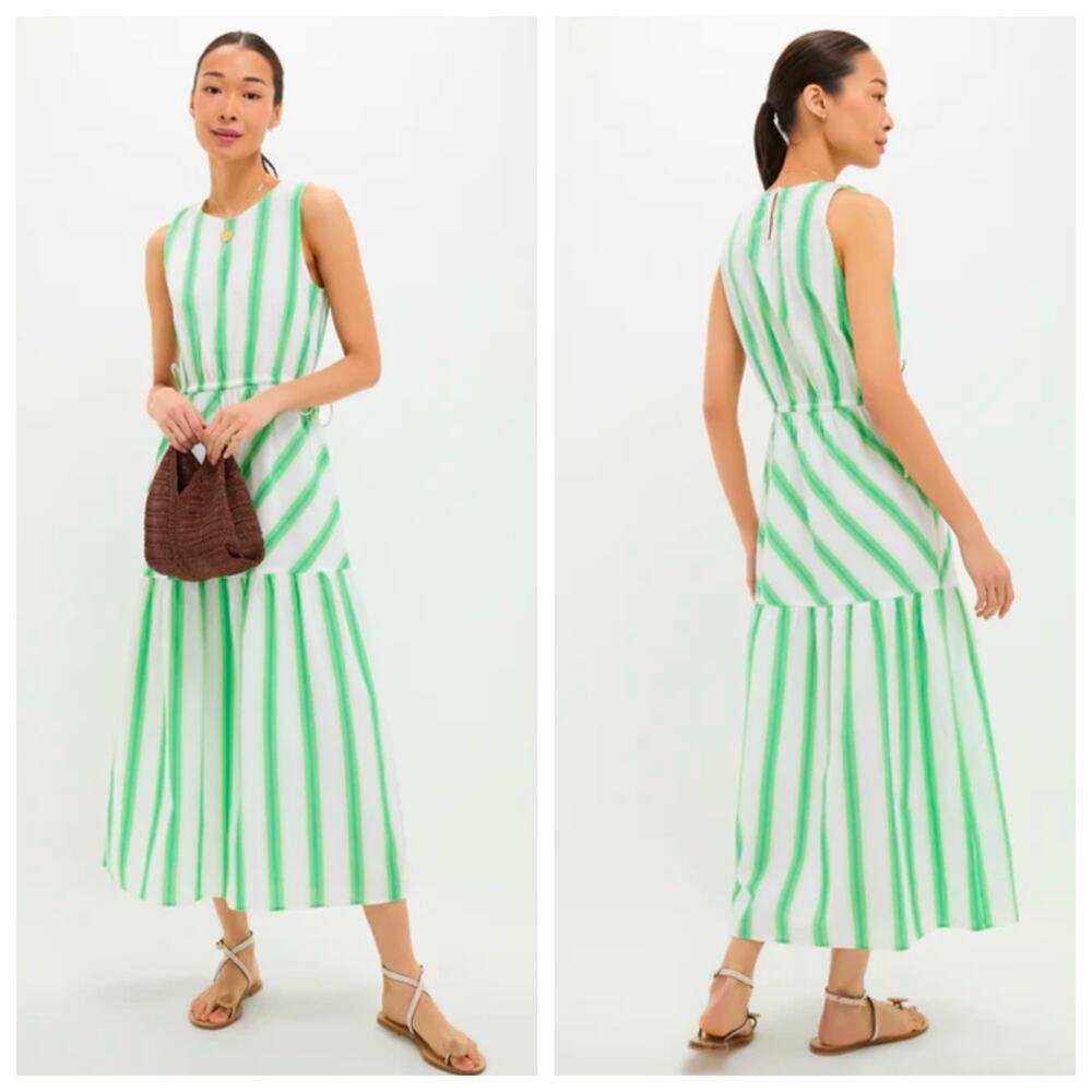 Anna Cate Tuckernuck Bran NWT Green Stripe Cotton Midi Dress Sleeveless Tiered